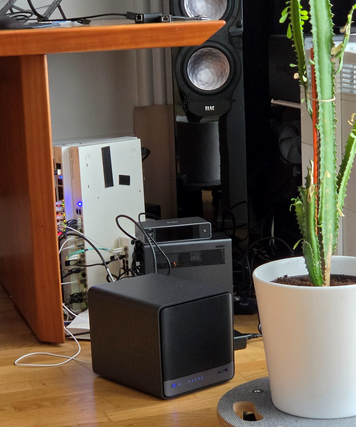 The rack in daylight, September 2026: a black five-bay box with a row of blue drive lights on the floor in front of the vertically mounted white switches, the modem beside it, a mini-PC stack behind, and a cactus on a plant dolly to the right.